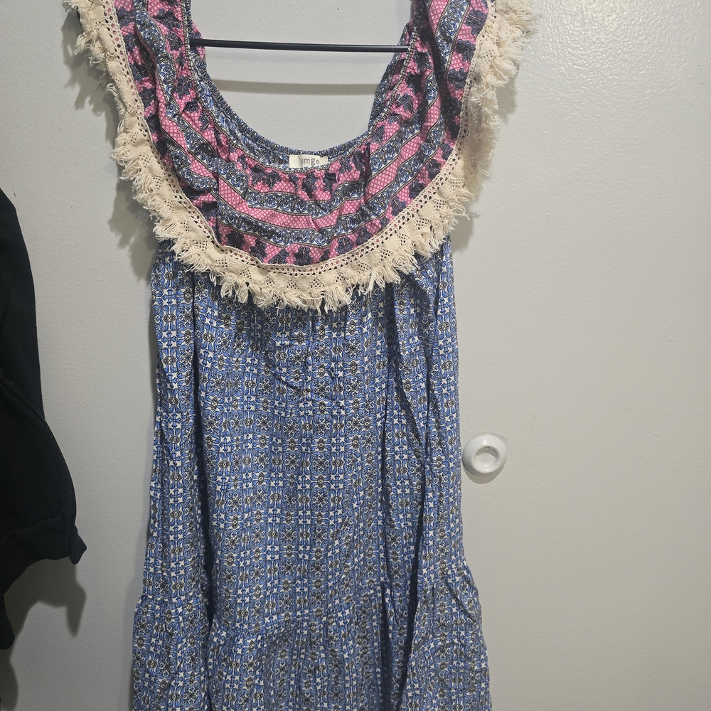 Boho Blue Dress with Pink Accents and Fringe